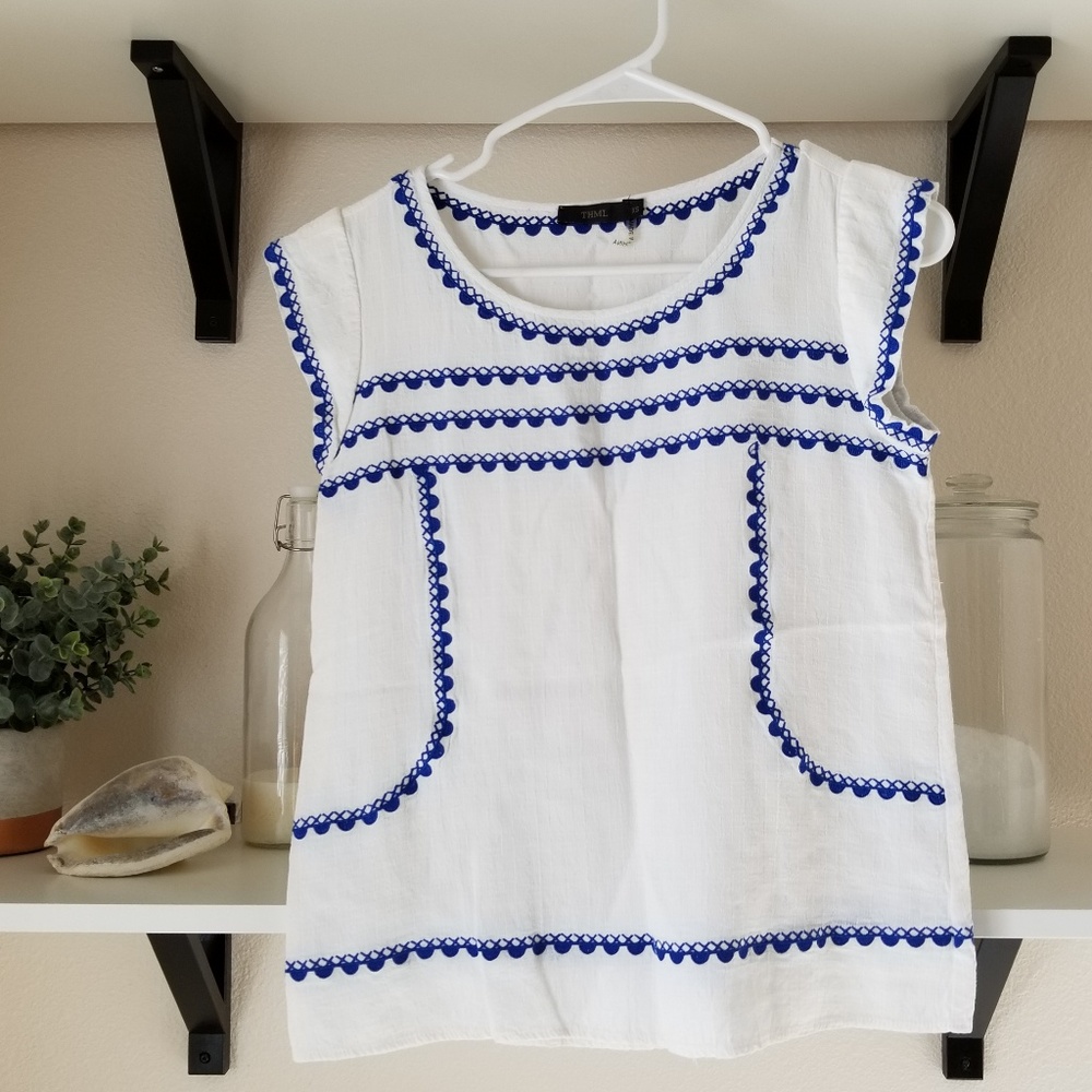 Blue and white embroidered top